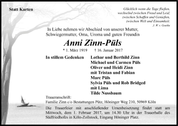 Anzeige von Anni Zinn-Püls von Kölner Stadt-Anzeiger / Kölnische Rundschau / Express