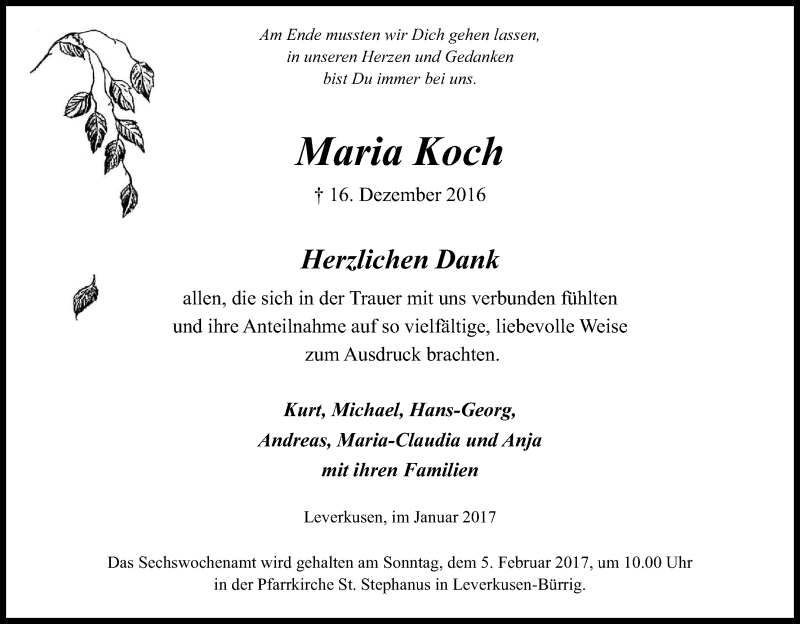  Traueranzeige für Maria Koch vom 28.01.2017 aus Kölner Stadt-Anzeiger / Kölnische Rundschau / Express