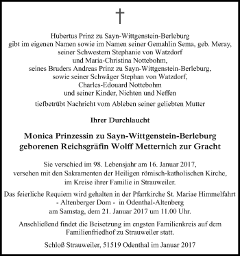 Anzeige von Monica  Prinzessin zu Sayn-Wittgenstein-Berleburg von Kölner Stadt-Anzeiger / Kölnische Rundschau / Express
