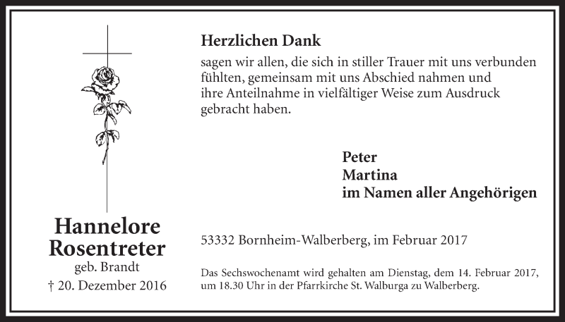  Traueranzeige für Hannelore Rosentreter vom 01.02.2017 aus  Schlossbote/Werbekurier 
