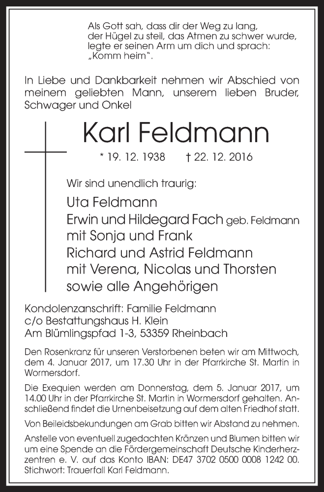  Traueranzeige für Karl Feldmann vom 04.01.2017 aus  Schaufenster/Blickpunkt 