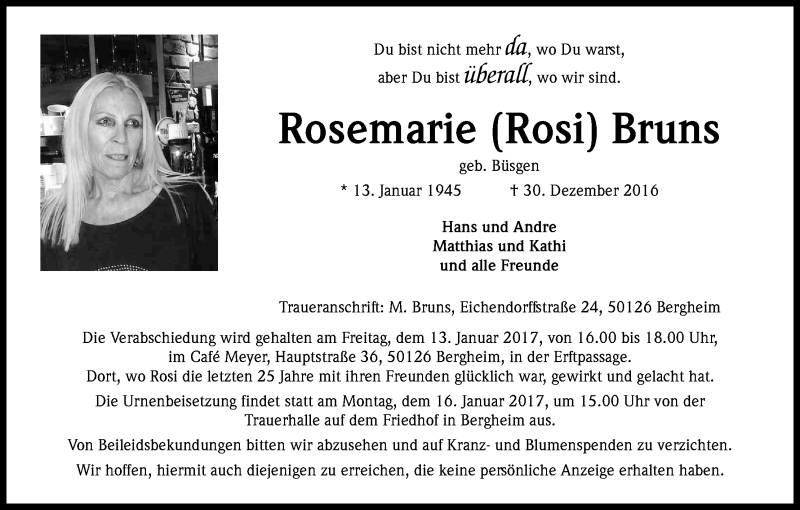  Traueranzeige für Rosemarie Bruns vom 13.01.2017 aus Kölner Stadt-Anzeiger / Kölnische Rundschau / Express