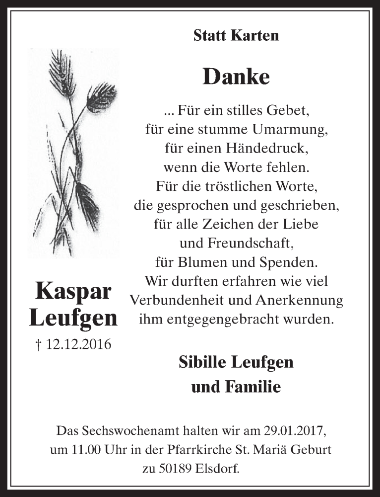  Traueranzeige für Kaspar Leufgen vom 25.01.2017 aus  Werbepost 