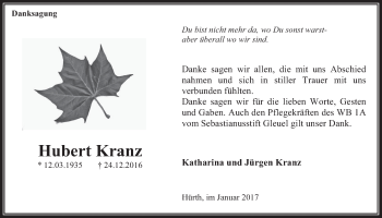 Anzeige von Hubert Kranz von  Wochenende 