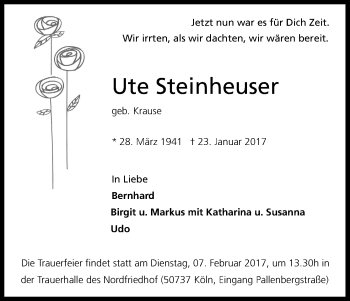 Anzeige von Ute Steinheuser von Kölner Stadt-Anzeiger / Kölnische Rundschau / Express