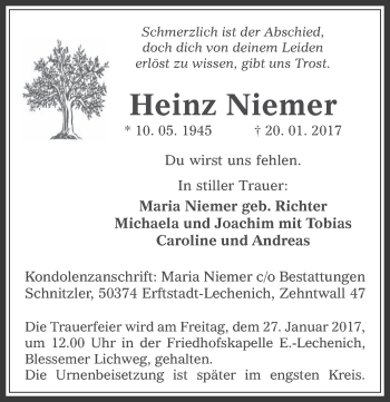 Anzeige von Heinz Niemer von  Werbepost 