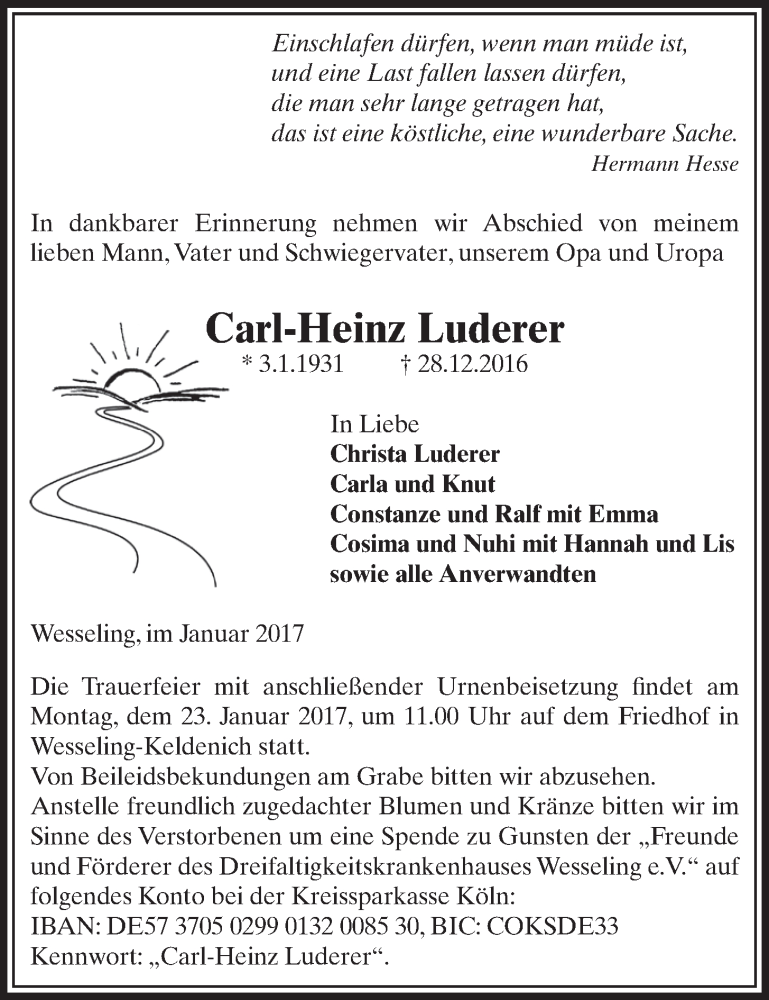  Traueranzeige für Carl-Heinz Luderer vom 18.01.2017 aus  Schlossbote/Werbekurier 