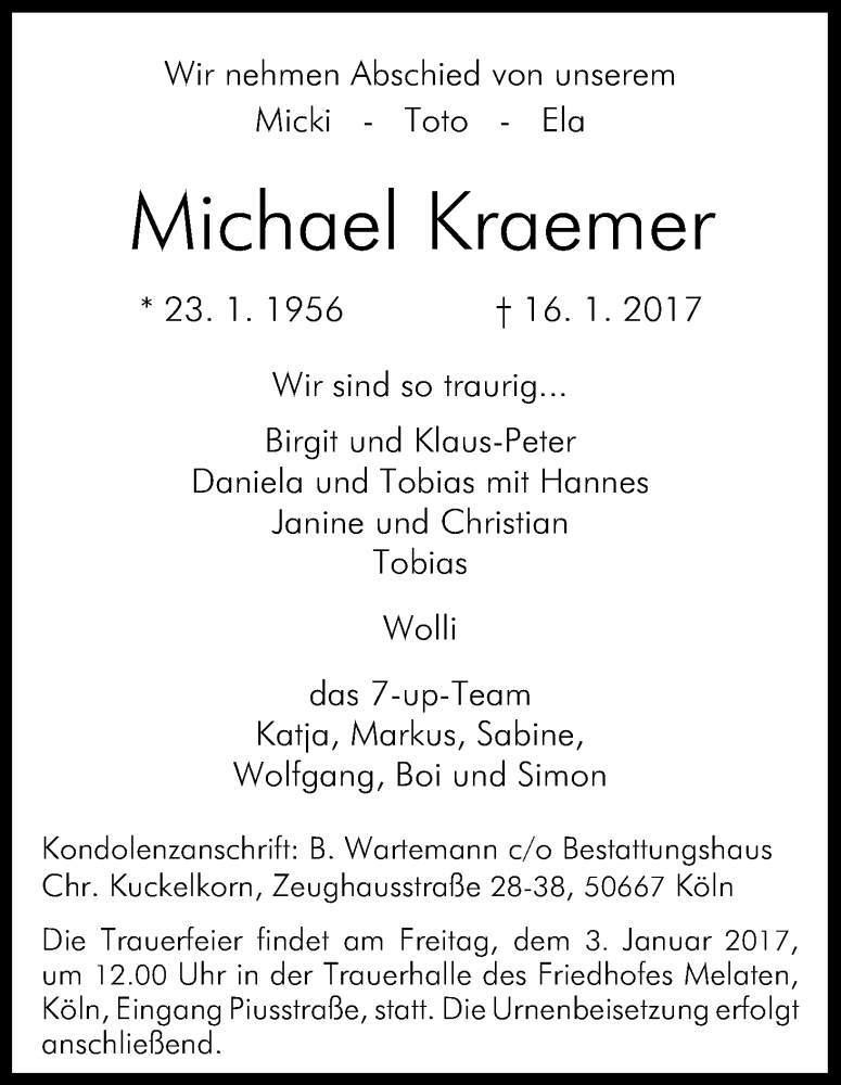  Traueranzeige für Michael Kraemer vom 28.01.2017 aus Kölner Stadt-Anzeiger / Kölnische Rundschau / Express