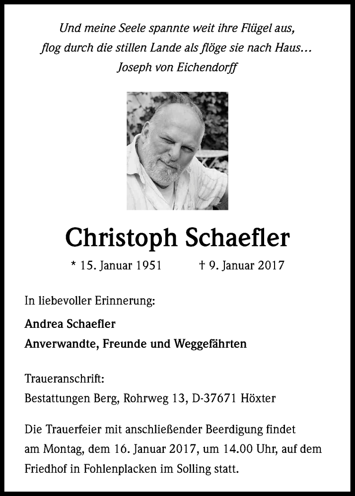  Traueranzeige für Christoph Schaefler vom 12.01.2017 aus Kölner Stadt-Anzeiger / Kölnische Rundschau / Express