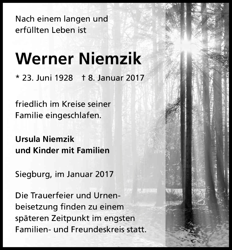  Traueranzeige für Werner Niemzik vom 14.01.2017 aus Kölner Stadt-Anzeiger / Kölnische Rundschau / Express