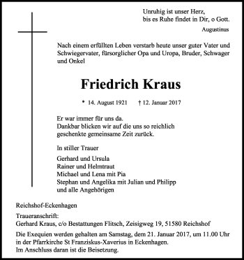 Anzeige von Friedrich Kraus von Kölner Stadt-Anzeiger / Kölnische Rundschau / Express