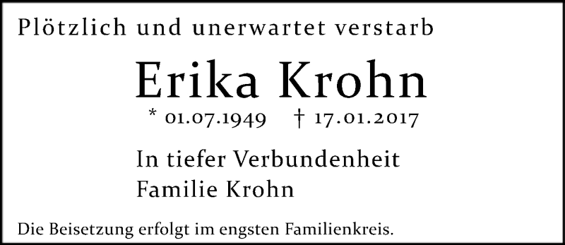  Traueranzeige für Erika Krohn vom 01.02.2017 aus  Kölner Wochenspiegel 