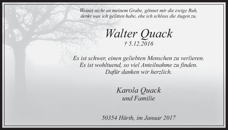  Traueranzeige für Walter Quack vom 01.02.2017 aus  Wochenende 