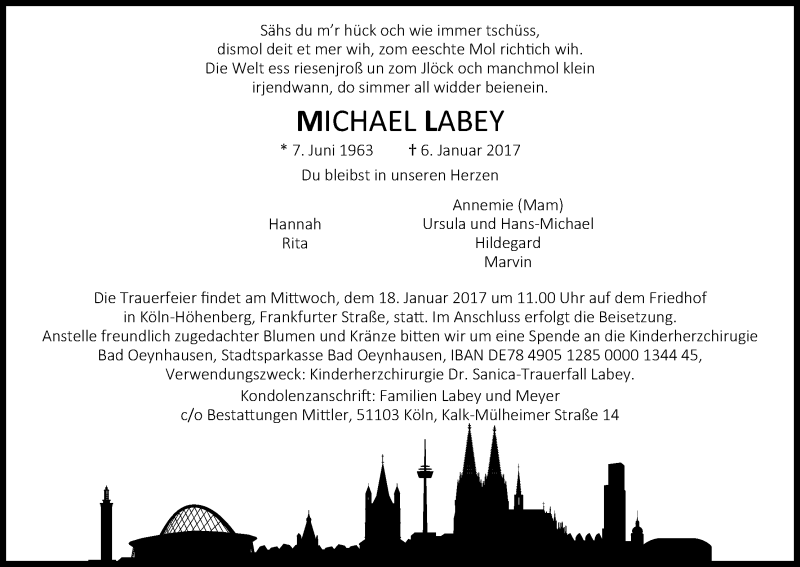  Traueranzeige für Michael Labey vom 14.01.2017 aus Kölner Stadt-Anzeiger / Kölnische Rundschau / Express