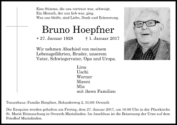 Anzeige von Bruno Hoepfner von Kölner Stadt-Anzeiger / Kölnische Rundschau / Express
