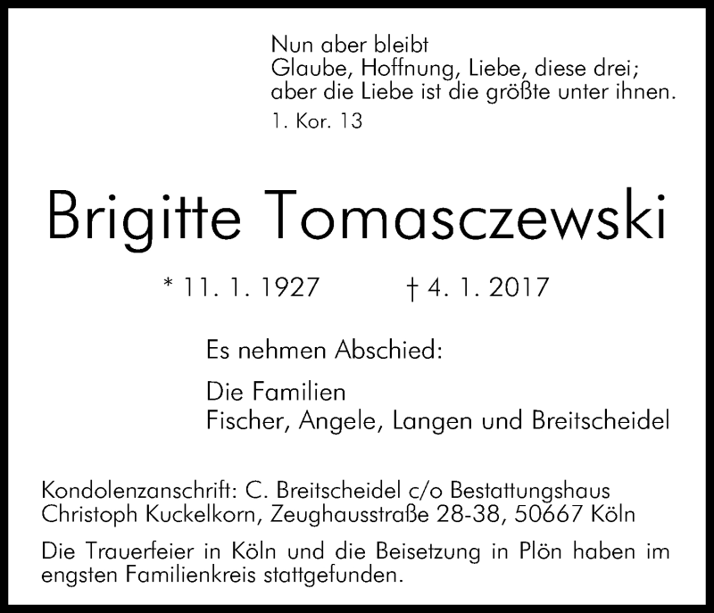  Traueranzeige für Brigitte Tomasczewski vom 21.01.2017 aus Kölner Stadt-Anzeiger / Kölnische Rundschau / Express