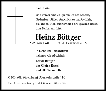 Anzeige von Heinz Böttger von Kölner Stadt-Anzeiger / Kölnische Rundschau / Express