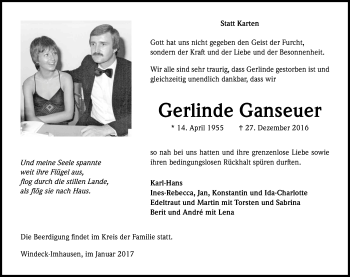Anzeige von Gerlinde Ganseuer von Kölner Stadt-Anzeiger / Kölnische Rundschau / Express