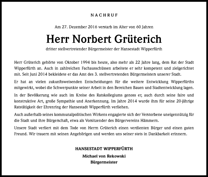  Traueranzeige für Norbert Grüterich vom 04.01.2017 aus Kölner Stadt-Anzeiger / Kölnische Rundschau / Express