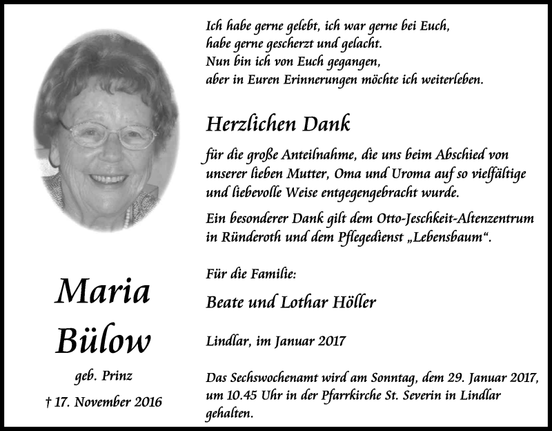  Traueranzeige für Maria Bülow vom 21.01.2017 aus Kölner Stadt-Anzeiger / Kölnische Rundschau / Express