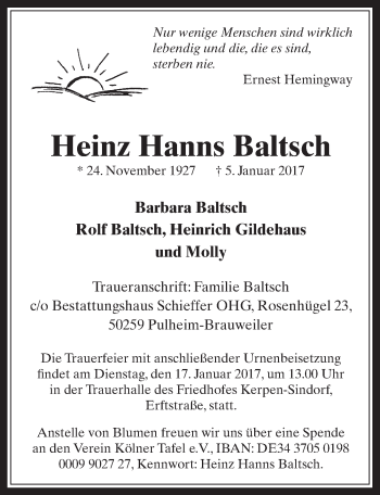 Anzeige von Heinz Hanns Baltsch von  Werbepost 