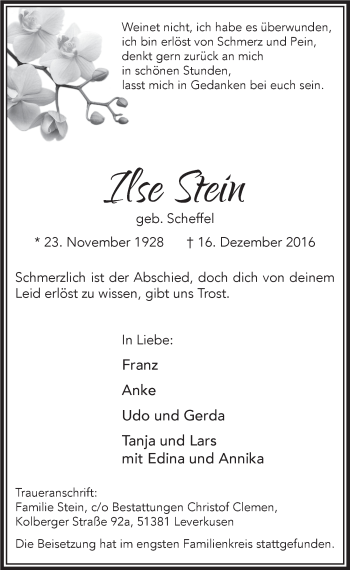 Anzeige von Ilse Stein von  Leverkusener Wochenende 