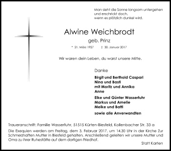 Anzeige von Alwine Weichbrodt von Kölner Stadt-Anzeiger / Kölnische Rundschau / Express