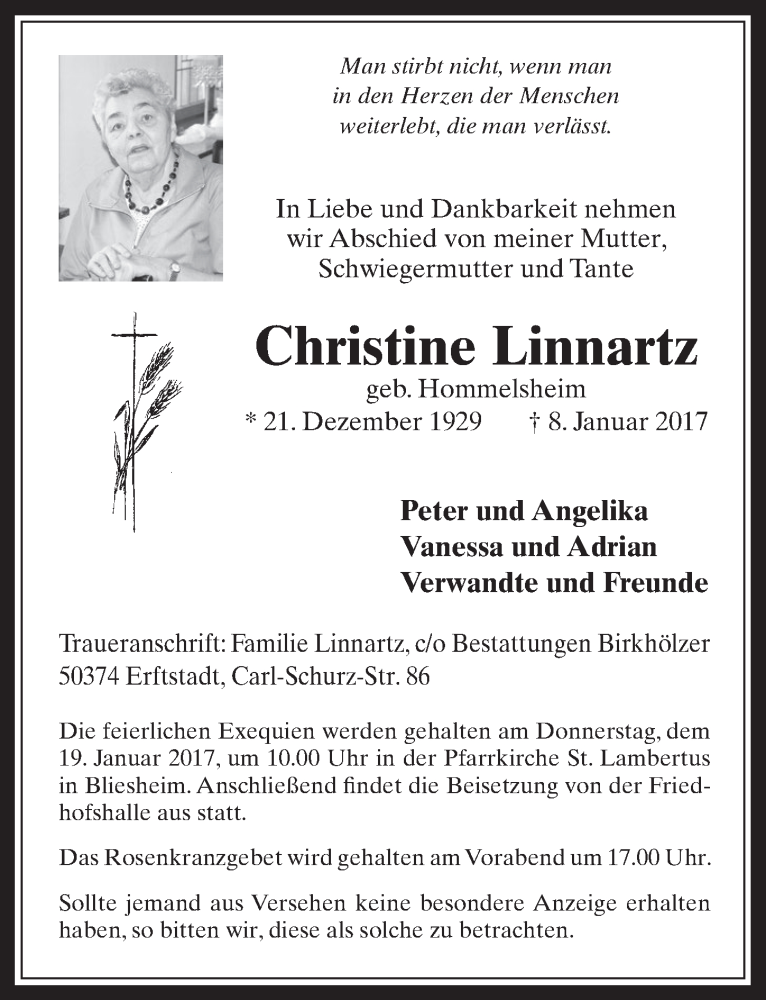  Traueranzeige für Christine Linnartz vom 14.01.2017 aus  Sonntags-Post 