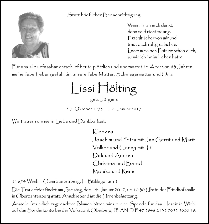  Traueranzeige für Lissi Hölting vom 11.01.2017 aus  Anzeigen Echo 