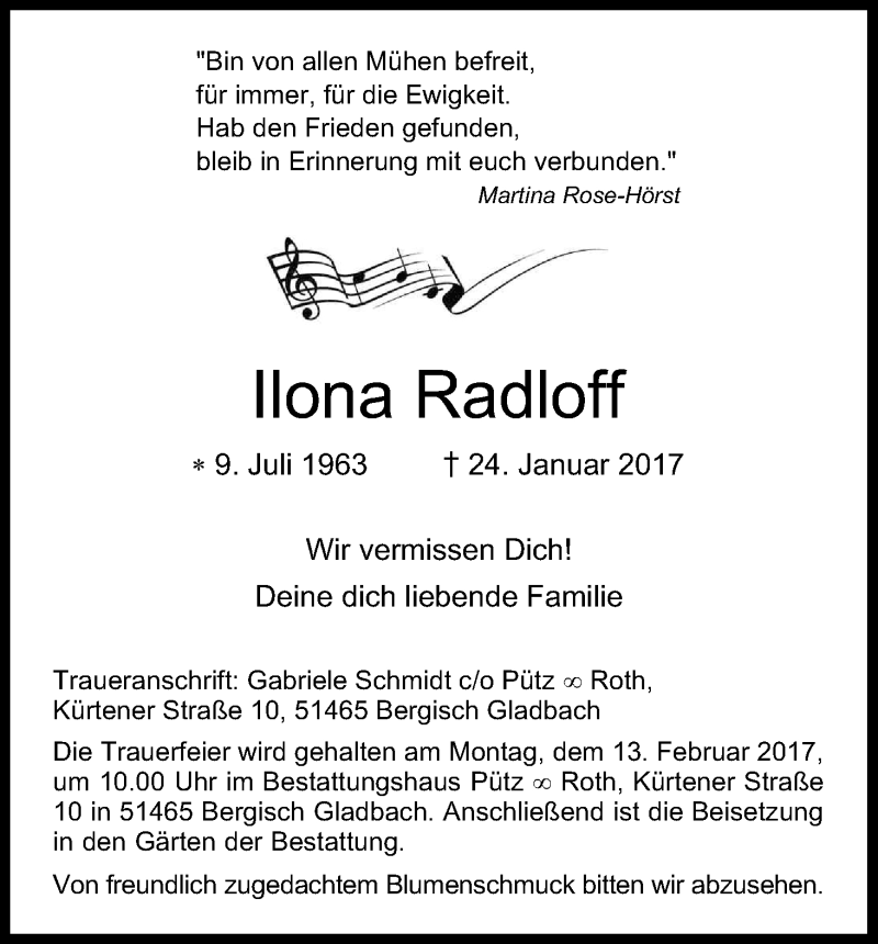  Traueranzeige für Ilona Radloff vom 28.01.2017 aus Kölner Stadt-Anzeiger / Kölnische Rundschau / Express