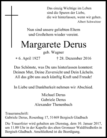 Anzeige von Margarete Derus von Kölner Stadt-Anzeiger / Kölnische Rundschau / Express