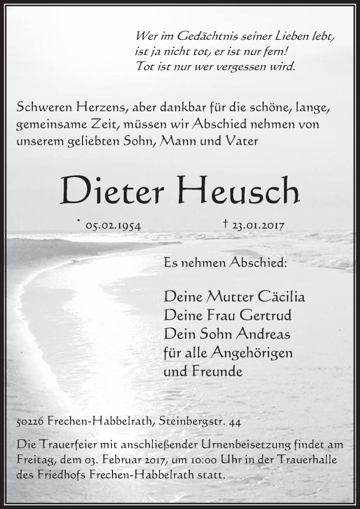  Traueranzeige für Dieter Heusch vom 01.02.2017 aus  Wochenende 