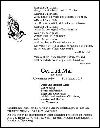 Anzeige von Gertrud Mai von Kölner Stadt-Anzeiger / Kölnische Rundschau / Express