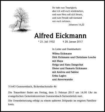 Anzeige von Alfred Eickmann von Kölner Stadt-Anzeiger / Kölnische Rundschau / Express