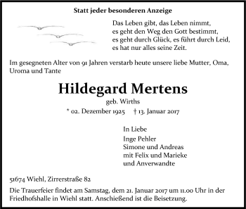 Anzeige von Hildegard Mertens von Kölner Stadt-Anzeiger / Kölnische Rundschau / Express