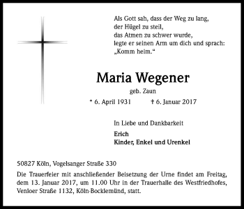 Anzeige von Maria Wegener von Kölner Stadt-Anzeiger / Kölnische Rundschau / Express