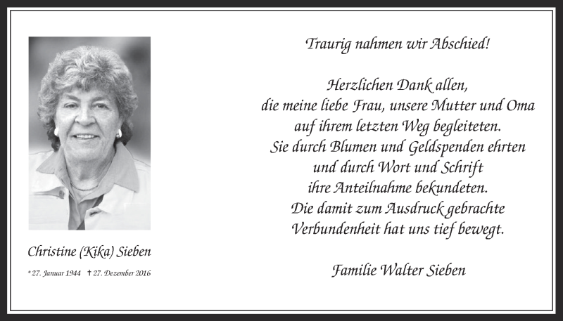  Traueranzeige für Christine Sieben vom 25.01.2017 aus  Werbepost 
