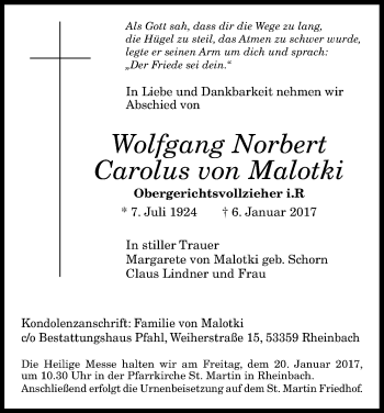 Anzeige von Wolfgang Norbert Carolus von Malotki von Kölner Stadt-Anzeiger / Kölnische Rundschau / Express