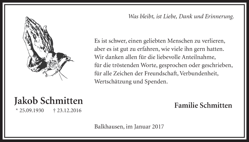  Traueranzeige für Jakob Schmitten vom 21.01.2017 aus  Sonntags-Post 
