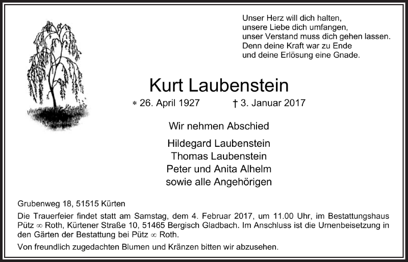  Traueranzeige für Kurt Laubenstein vom 21.01.2017 aus  Bergisches Sonntagsblatt 