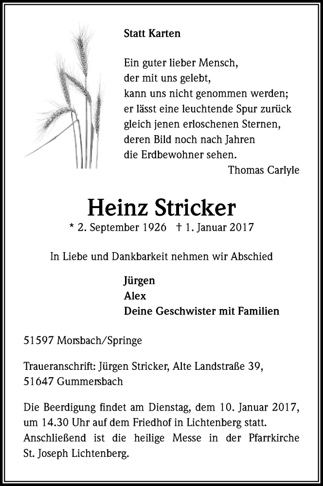  Traueranzeige für Heinz Stricker vom 04.01.2017 aus Kölner Stadt-Anzeiger / Kölnische Rundschau / Express