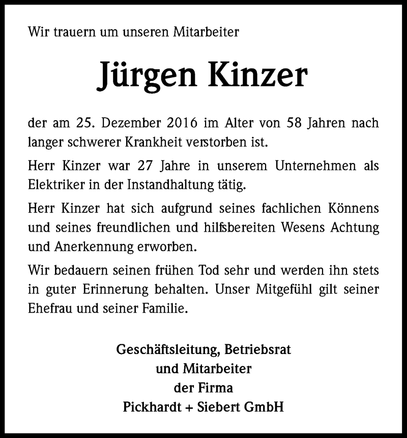  Traueranzeige für Jürgen Kinzer vom 07.01.2017 aus Kölner Stadt-Anzeiger / Kölnische Rundschau / Express
