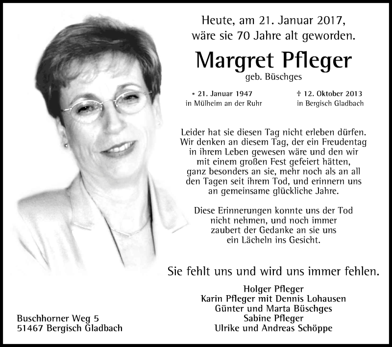  Traueranzeige für Margret Pfleger vom 21.01.2017 aus Kölner Stadt-Anzeiger / Kölnische Rundschau / Express