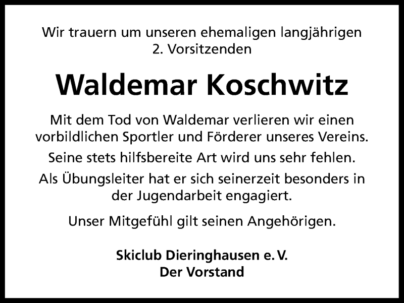  Traueranzeige für Waldemar Koschwitz vom 05.01.2017 aus Kölner Stadt-Anzeiger / Kölnische Rundschau / Express