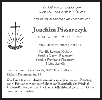 Anzeige von Joachim Pissarczyk von  Wochenende 