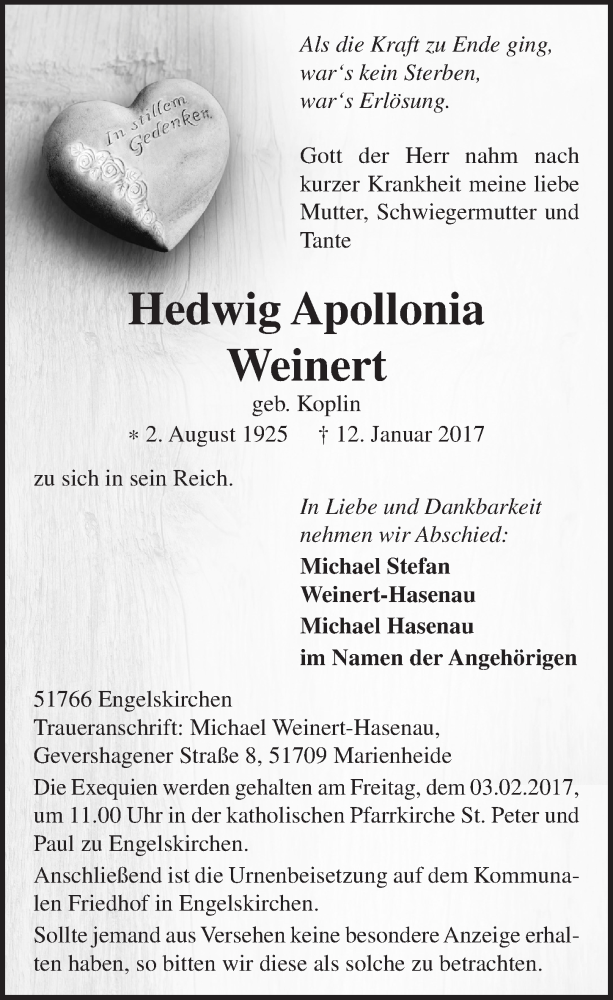  Traueranzeige für Hedwig Apollonia Weinert vom 01.02.2017 aus  Anzeigen Echo 