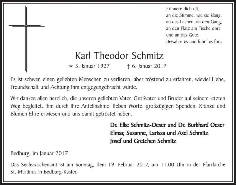  Traueranzeige für Karl Theodor Schmitz vom 01.02.2017 aus  Werbepost 