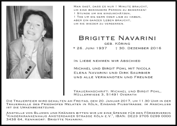 Anzeige von Brigitte Navarini von Kölner Stadt-Anzeiger / Kölnische Rundschau / Express