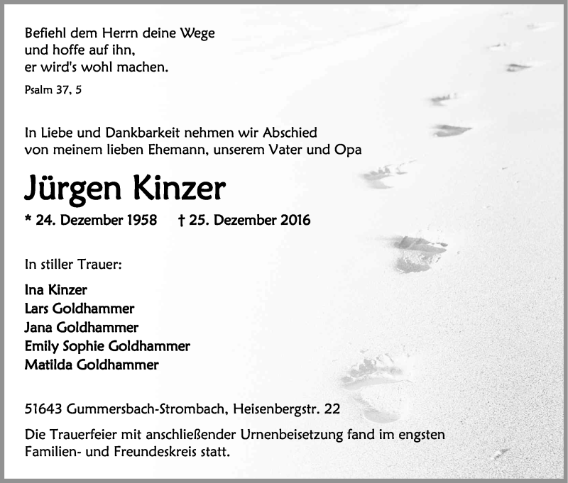  Traueranzeige für Jürgen Kinzer vom 07.01.2017 aus Kölner Stadt-Anzeiger / Kölnische Rundschau / Express