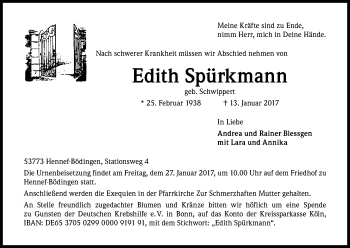 Anzeige von Edith Spürkmann von Kölner Stadt-Anzeiger / Kölnische Rundschau / Express